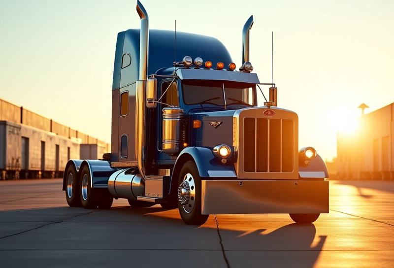 A blue 2023 Peterbilt 579 semi-truck parked in a lot.