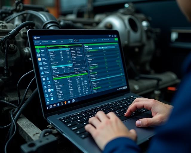 Laptop computer showing diagnostic software connected to a diesel truck.