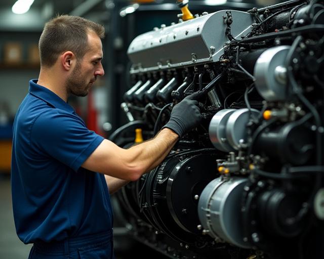 Mechanic working on a large diesel engine in a clean workshop.